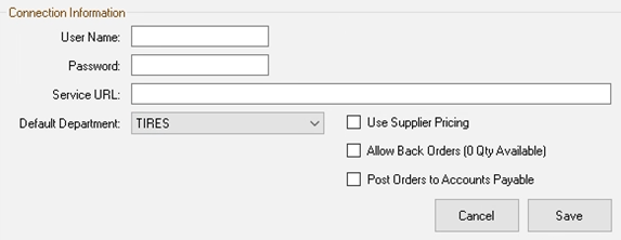 The Connection informaton for the tire supplier. 