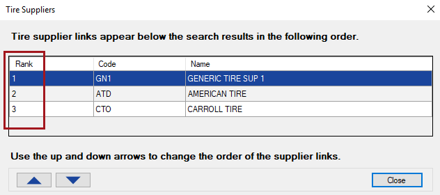 The Tire Supplier window.