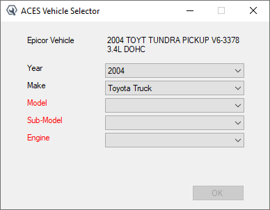 ACES Vehicle Selector incomplete.