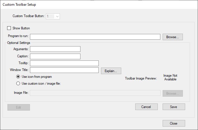 The Custom Toolbar Setup window with all entry fields active.