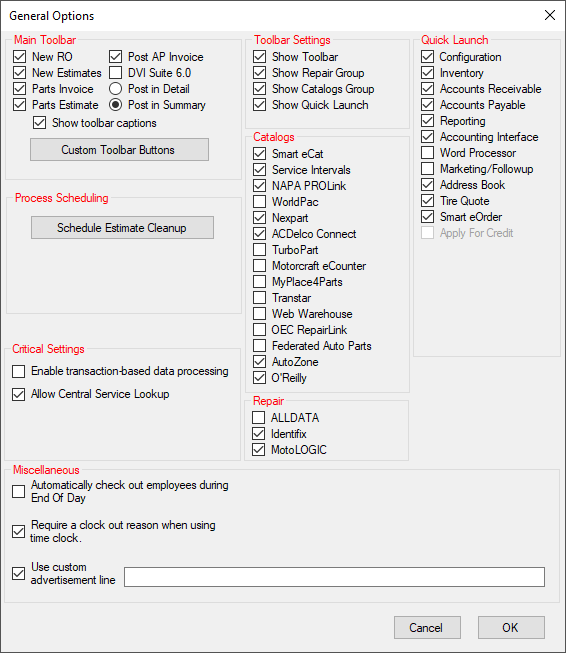 The General Options window.