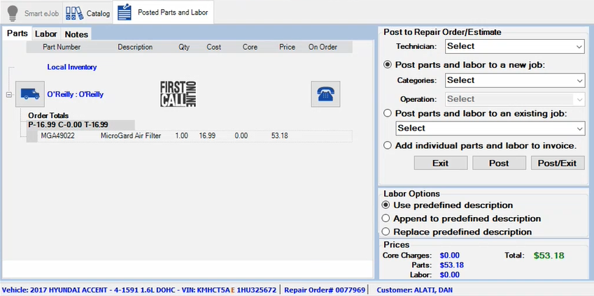The Posted Parts and Labor tab with transferred parts.