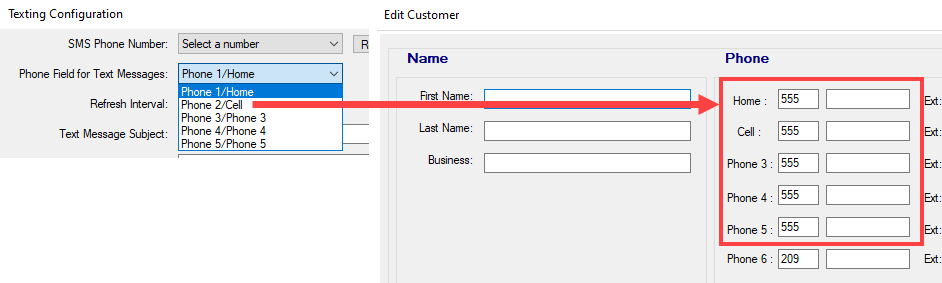 The phone field dropdown list expanded and edit customer phone fields.