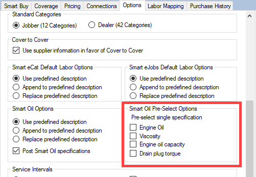 The PreSelect Specs section on the Options tab.