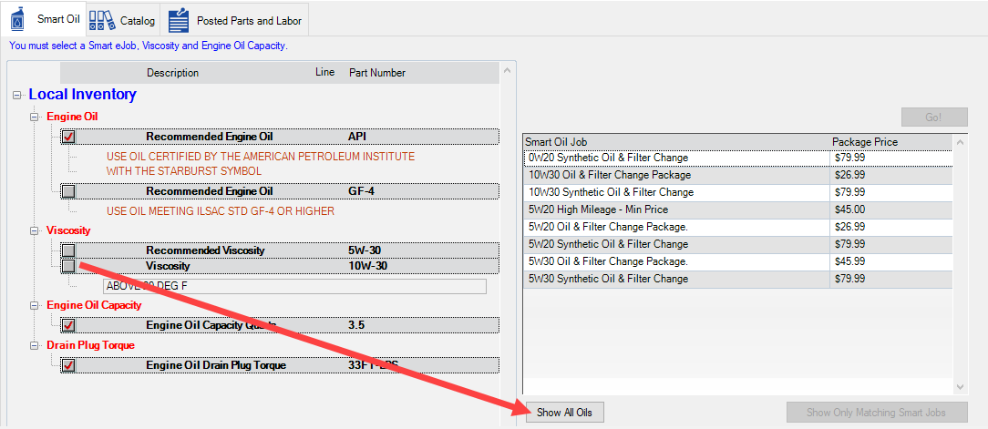 The Show All Oils button active and selected.