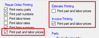 The print part and labor prices settings on the RO Options window.