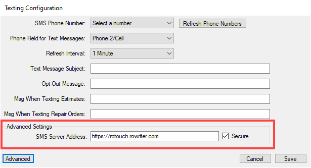 The Advanced setting on the Texting Configuration window.