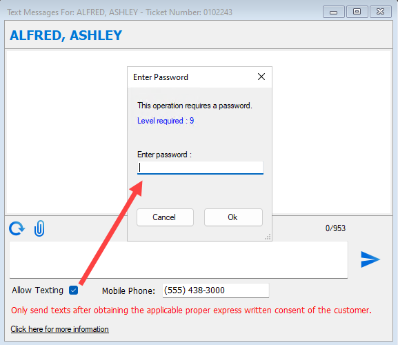The password prompt on the Allow Texting checkbox.