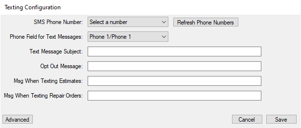 The Texting Configuration window.