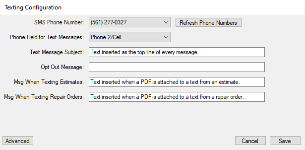 The testing configuration with text entered into the fields.