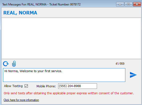 The customer text message window.