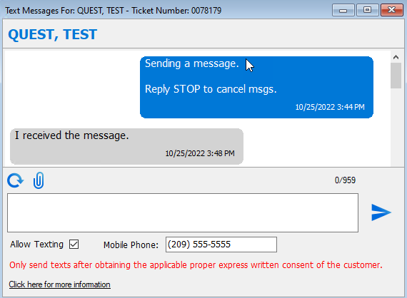 The text message window from a ticket.