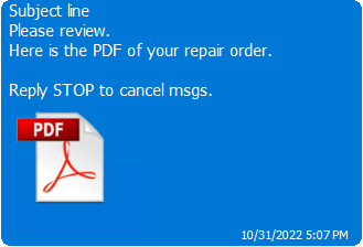 Message with a subject line and PDF of a repair order.