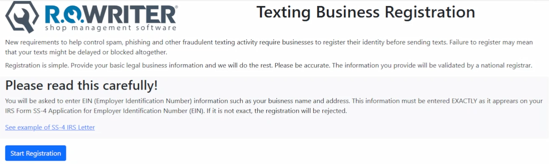 The texting registration window.