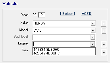 The Vehicle section with the Engine field expanded showing the engine options for the year, make, and model.