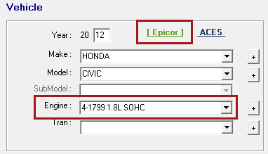 The Vehicle section with the Epicor link blue and the Engine field completed and circled.