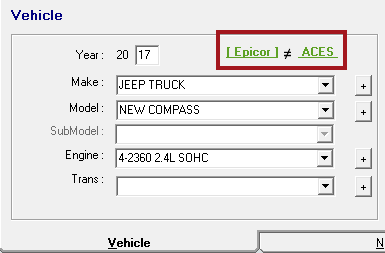 the vehicle fields where the epicor and aces links have a not equal sign between them.