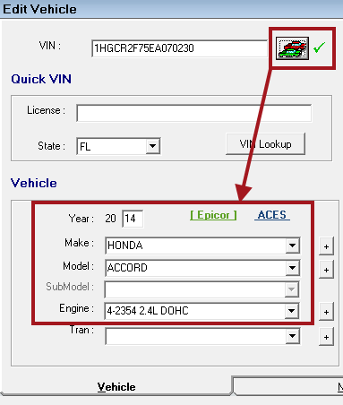 The VIN button with a green checkmark pointing to the Epicor fields completed.