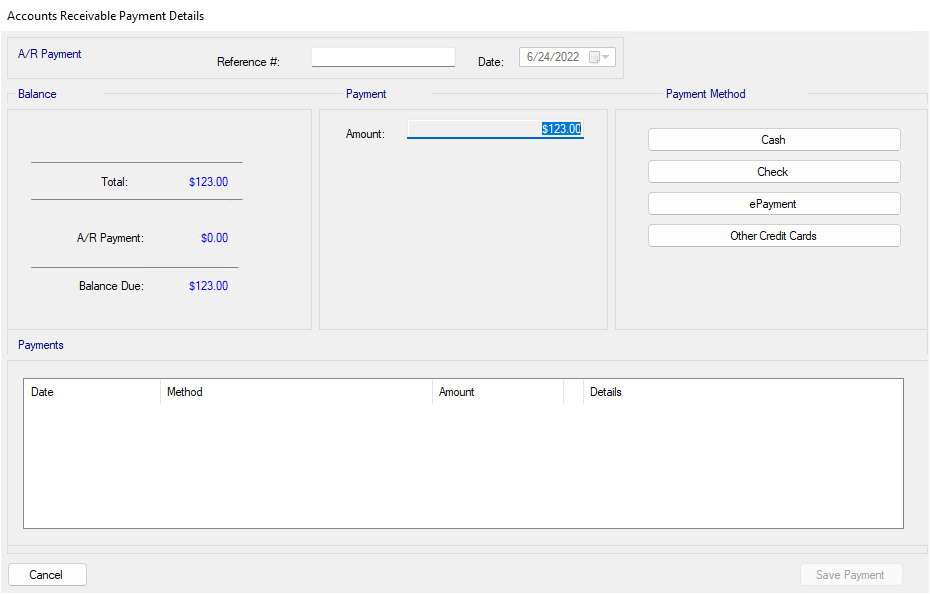 the Accounts Receivable Payment Details payment window.