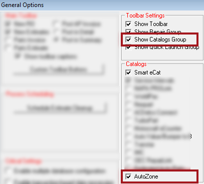 the General Options window with AutoZone selected.