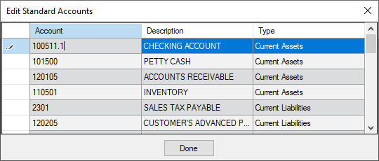 The Edit Standard Accounts window.