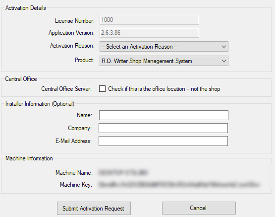 The create activation request window opens.