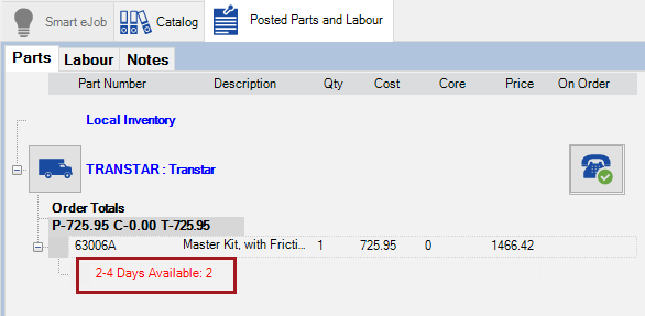 The Availabilty information with the part on the Posted Parts and Labor window.