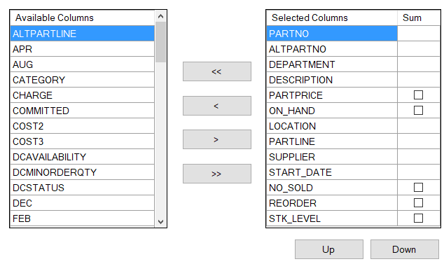 The columns on the Layout tab of a custom view. 