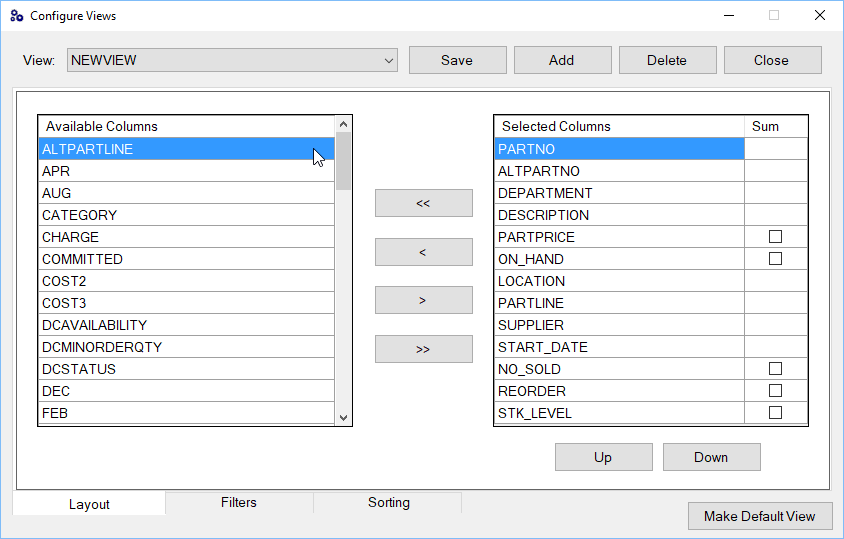 The Layout tab for a custom view.