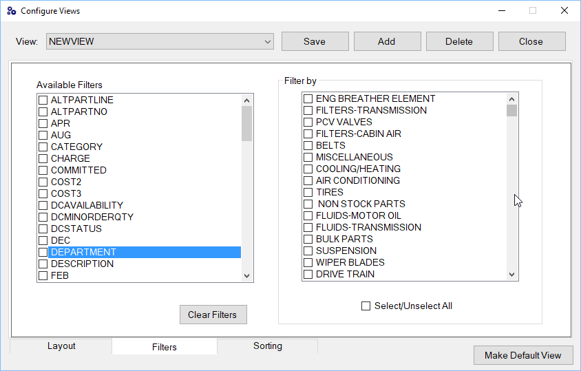The Filters tab with a list of items in the Filter By section.
