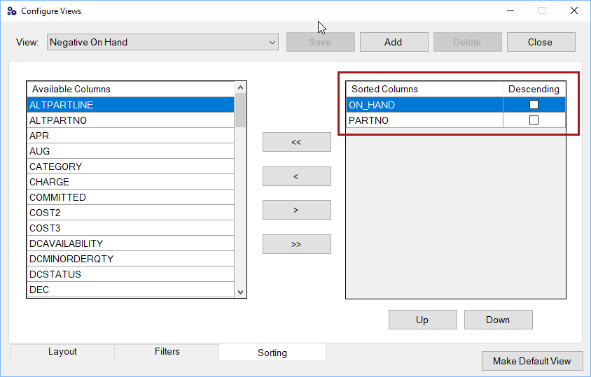 The Sorting tab for the Negative On Hand View.