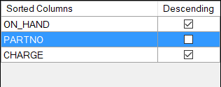 The Sorted Columns list with on hand first, part number second, and charge third.