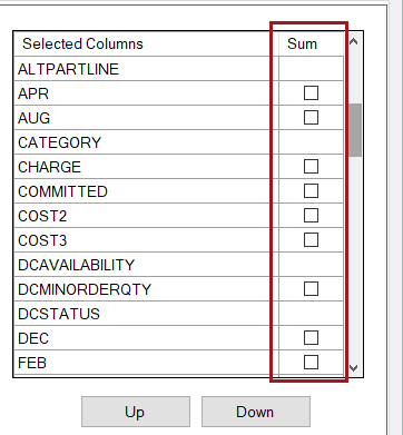 The Layout tab with the Sum column circled in the Selected Columns section.