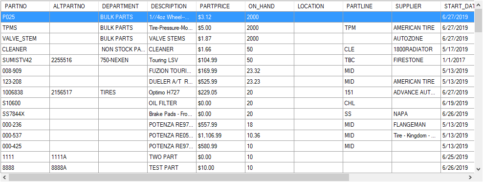The table of inventory records on the Browse window.