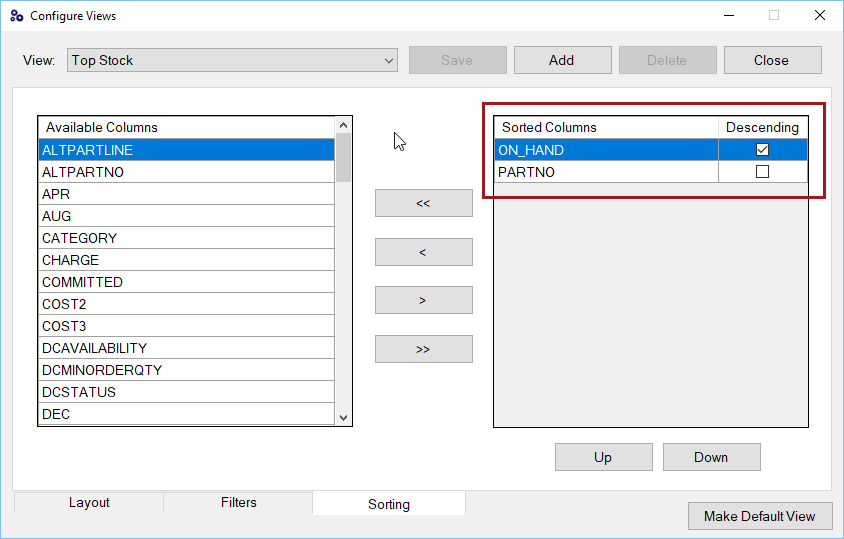 The Sorting tab for the Top Stock View.