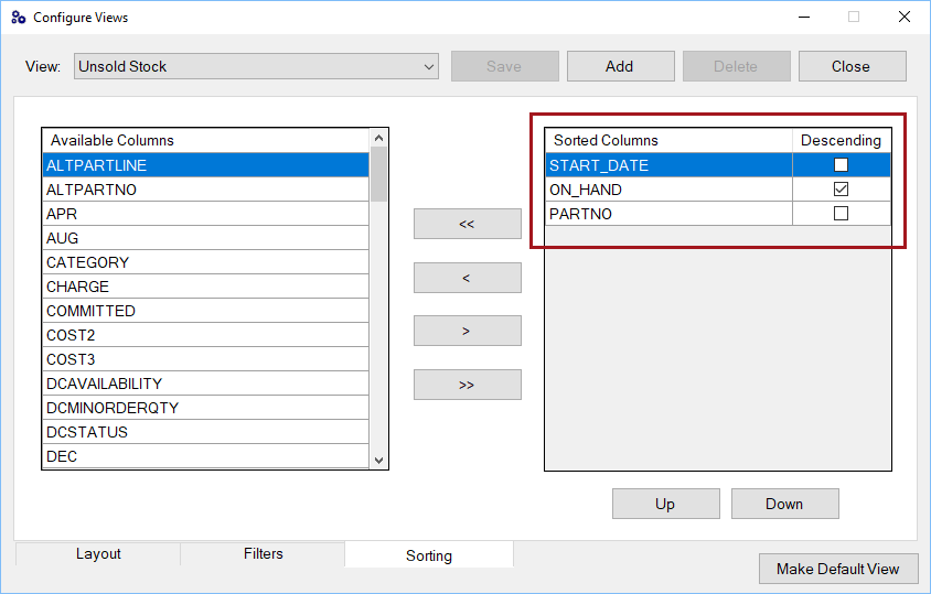 The Sorting tab for the Unsold Stock View.