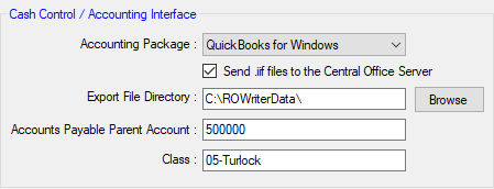 The Cash COntrol Accounting Interface Settings.