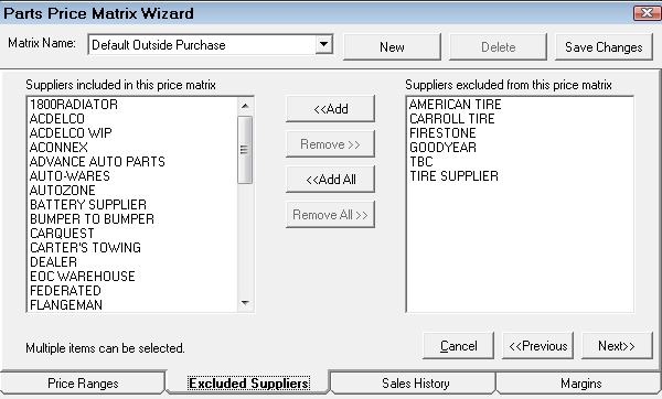 the Excluded Suppliers tab for matrix pricing by supplier.