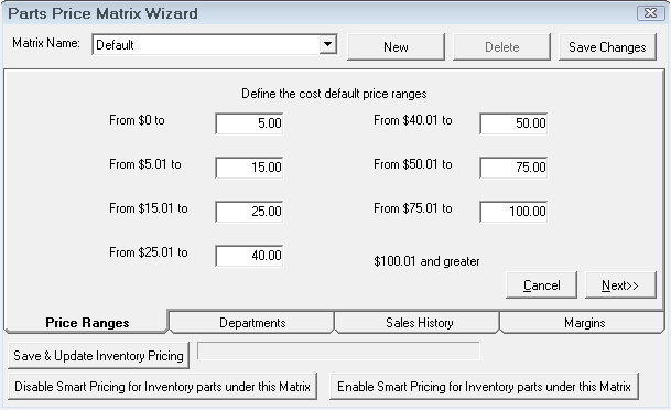 The Price Ranges tab for Matrix by department.