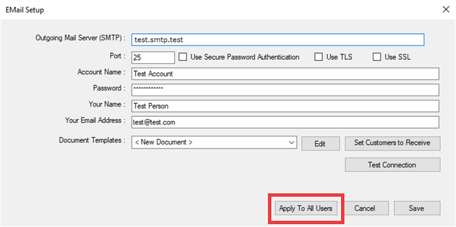 The Email Setup window with Apply All circled.