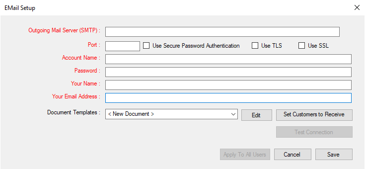 The Email Setup window.