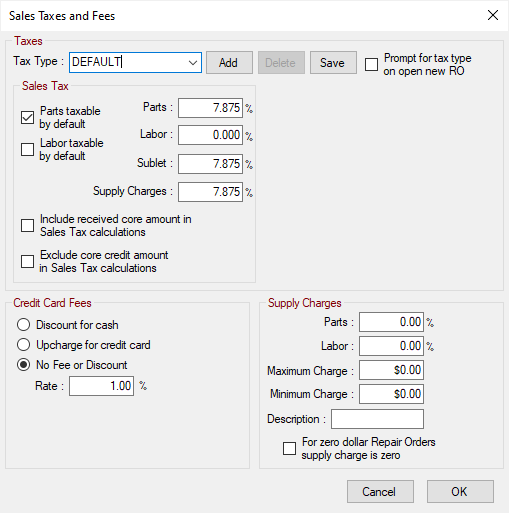 The Sales Taxes and Fees window.