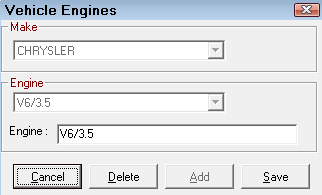 The Vehicle Engines window with the Engine box active.