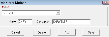 The Vehicle Makes window with the Make and Description boxes active.