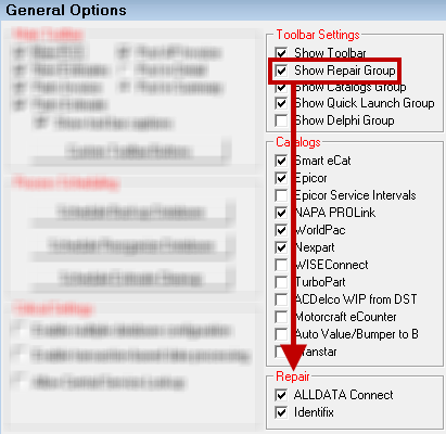The General Options window with Show Repair Group and Identifix boxes checked.