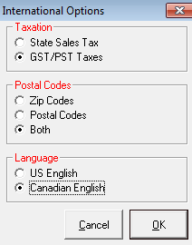 the International Options window.