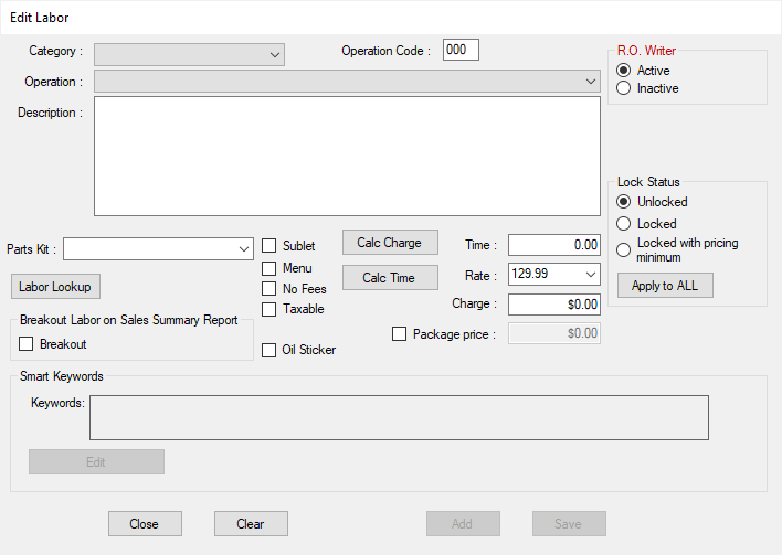 The Edit Labor window.