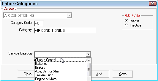 The service category dropdown list expanded on the labor categories window.