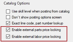 The Catalog Options set for external price locking.