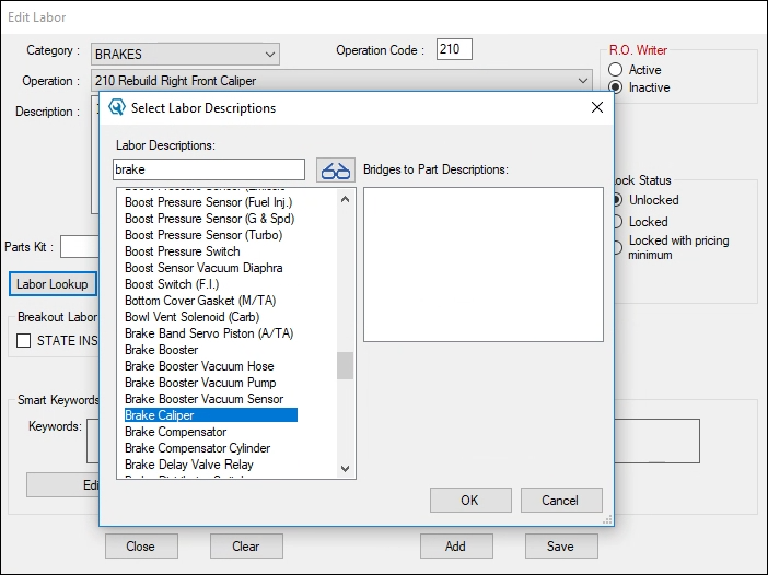 The Select Labor Descriptions window.